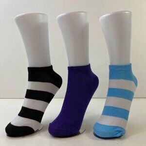 Womens Ankle Socks Set 3 Stripes Solid Blue Black Purple White